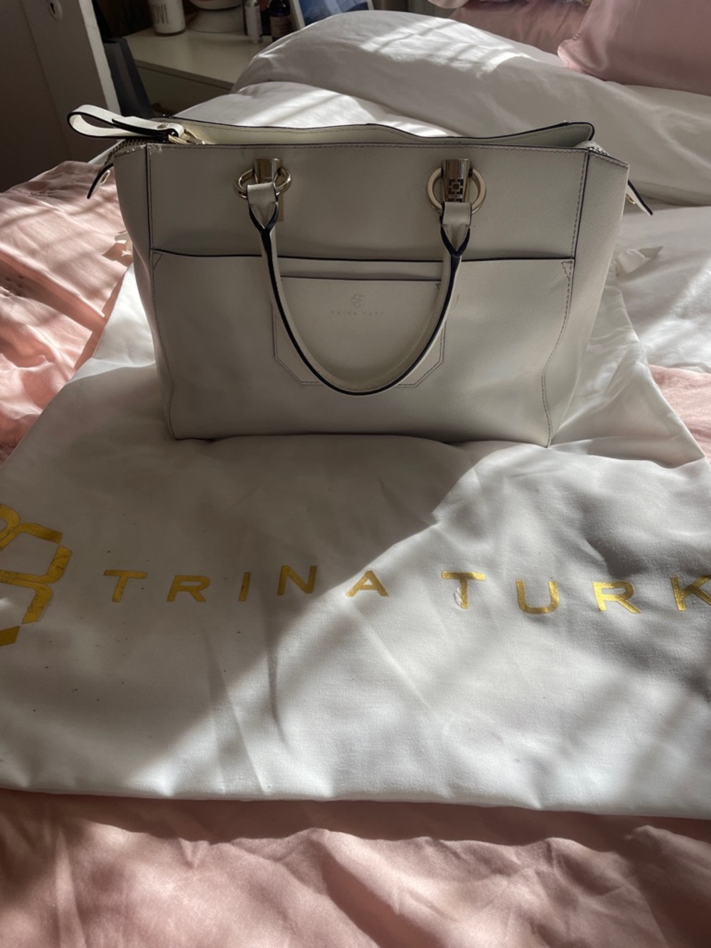 Trina Turk Ivory Leather Tote with Gold Hardware
